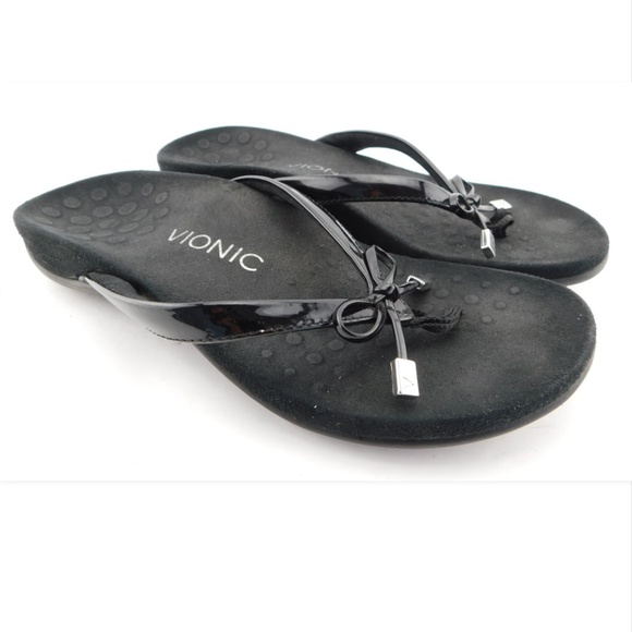 VIONIC ORTHAHEEL Black Patent Bow thong Sandals 6 - Picture 1 of 3